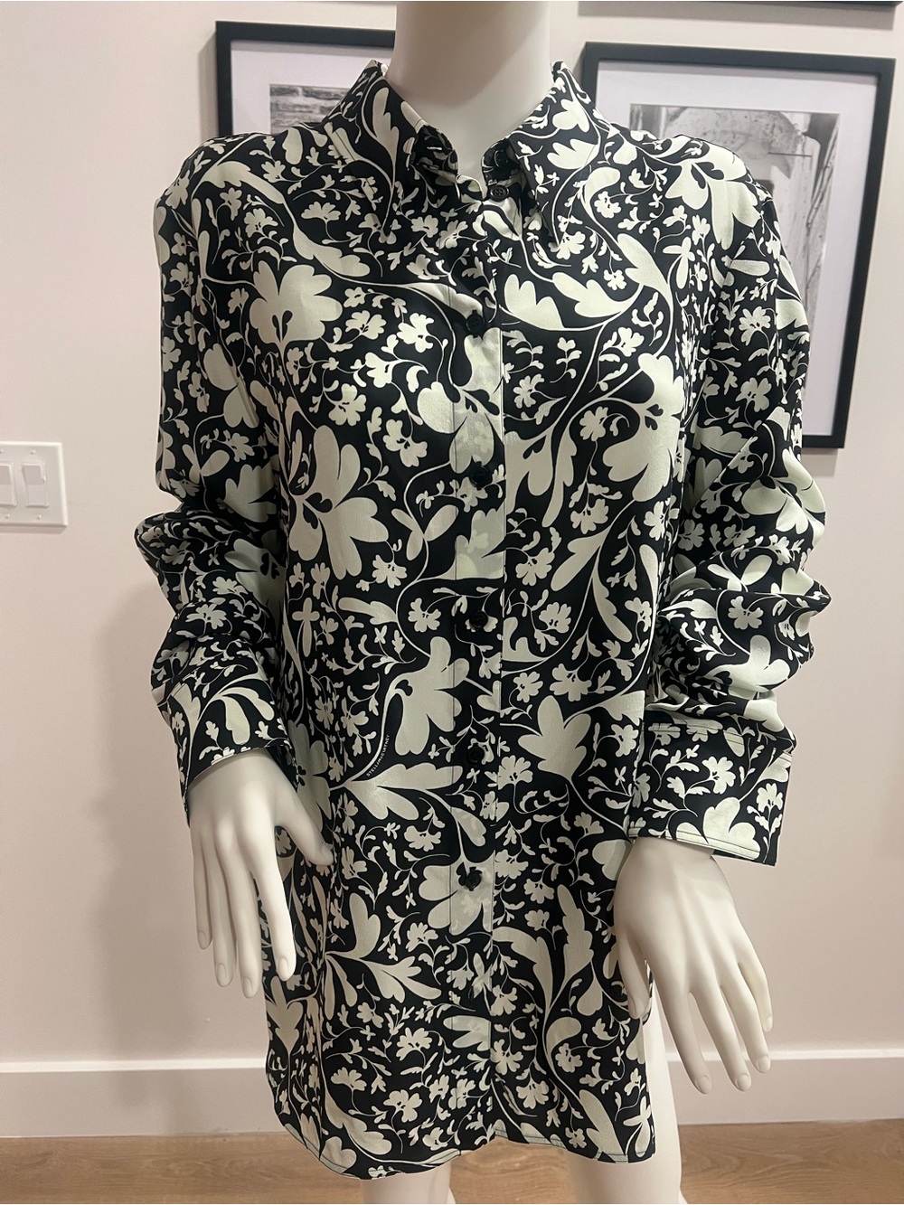 Stella McCartney Silk Blouse Black & Cream Floral Button-Up - Size Large
